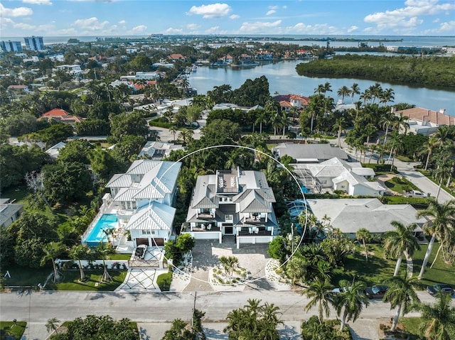 drone / aerial view featuring a water view