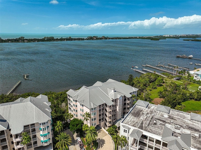 drone / aerial view with a water view