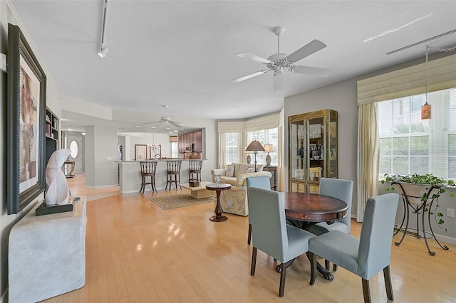 dining area featuring ceiling fan, a textured ceiling, light hardwood / wood-style flooring, and rail lighting