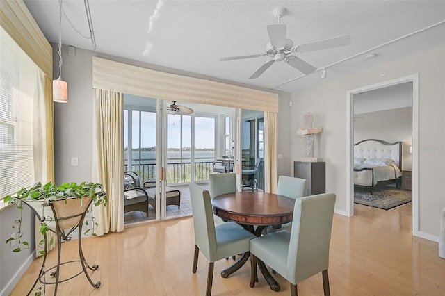 dining room featuring light hardwood / wood-style flooring, a water view, and ceiling fan