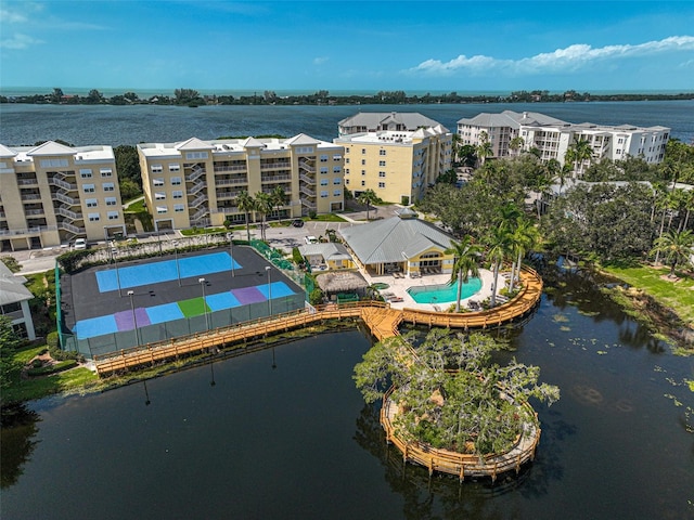 drone / aerial view featuring a water view