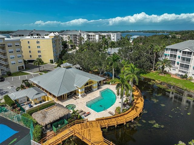 drone / aerial view featuring a water view