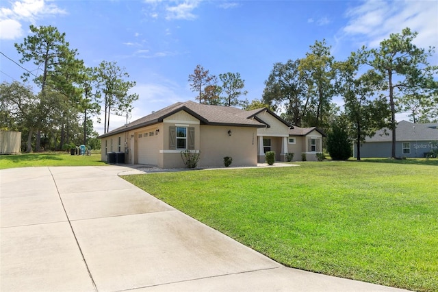 ranch-style house with central AC unit, a front yard, and a garage