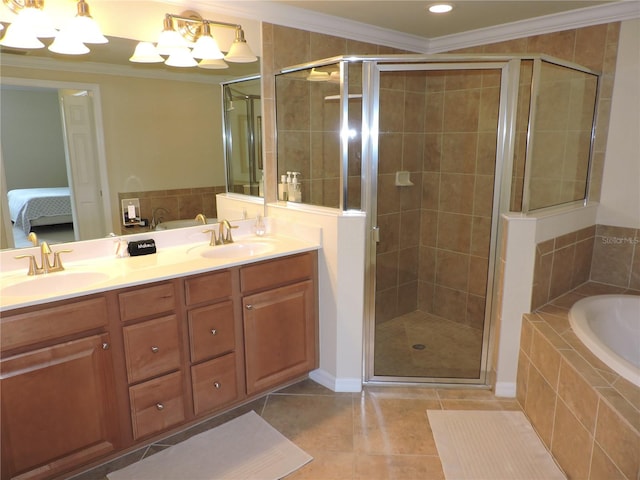 bathroom with crown molding, shower with separate bathtub, tile patterned flooring, and vanity