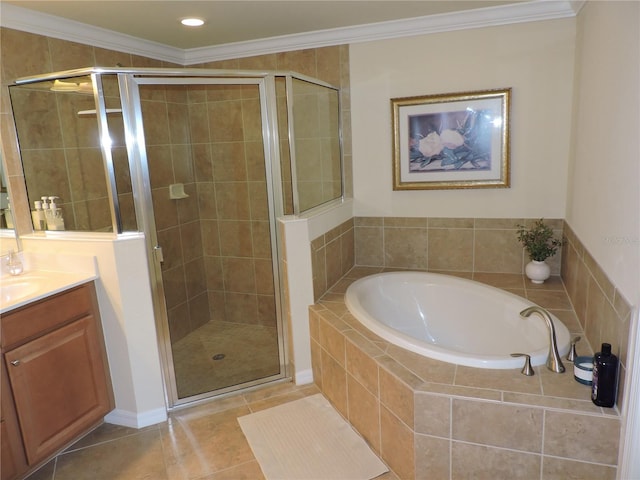 bathroom with vanity, shower with separate bathtub, tile patterned flooring, and crown molding