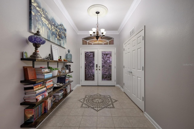 entryway with french doors, light tile patterned flooring, a notable chandelier, and crown molding