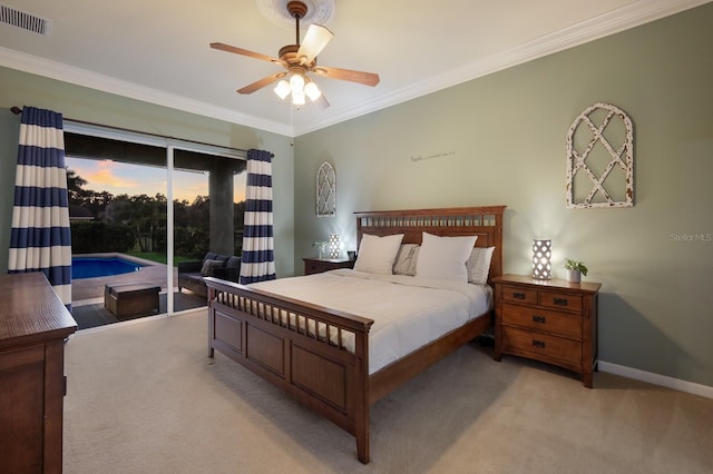 bedroom with crown molding, light carpet, access to exterior, and ceiling fan