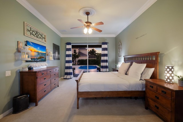 bedroom featuring access to outside, crown molding, light colored carpet, and ceiling fan