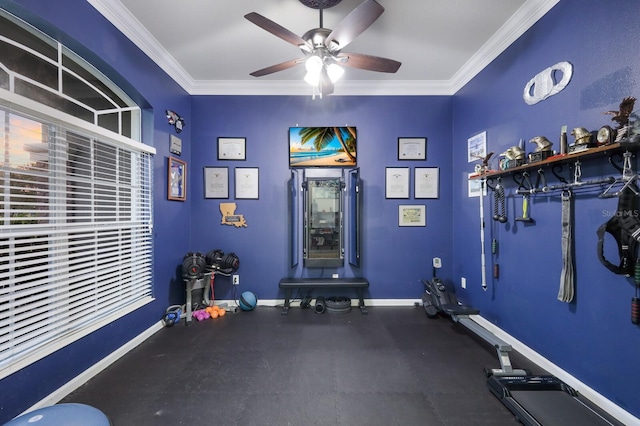 exercise room featuring crown molding and ceiling fan