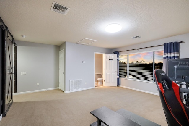 interior space featuring a textured ceiling, a barn door, and carpet