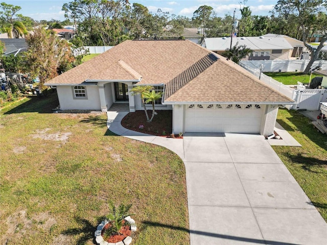 single story home featuring a garage and a front lawn