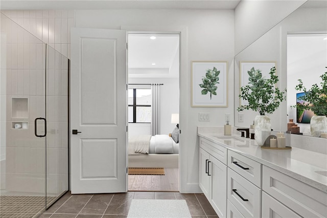 18824 Dayspring Pl, Venice, FL 34293 - full bathroom featuring ensuite bathroom, a shower stall, double vanity, and recessed lighting