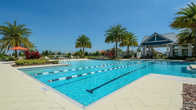 view of swimming pool with a patio and a gazebo