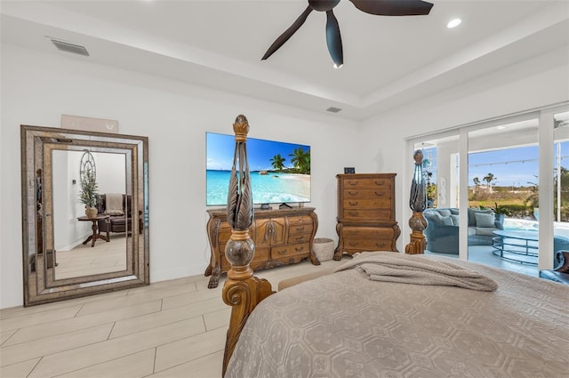 bedroom with ceiling fan and access to outside