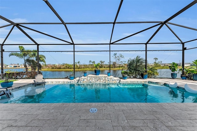 view of pool featuring a lanai, a patio area, and a water view