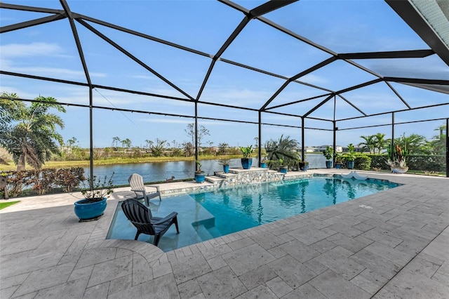 view of pool with a water view, a patio area, and glass enclosure