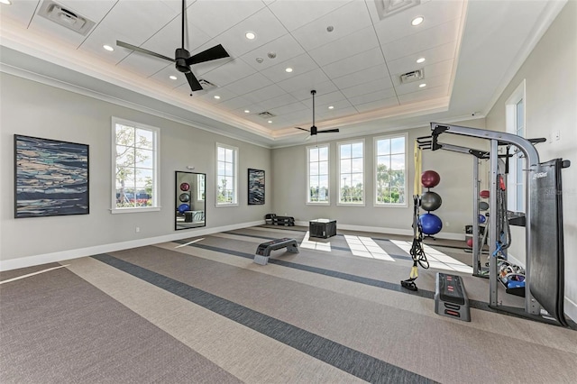 workout room featuring a raised ceiling, ceiling fan, and carpet flooring