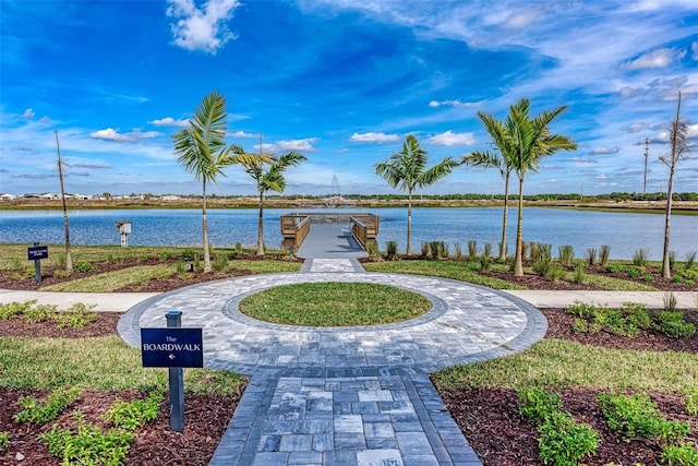 view of community with a water view