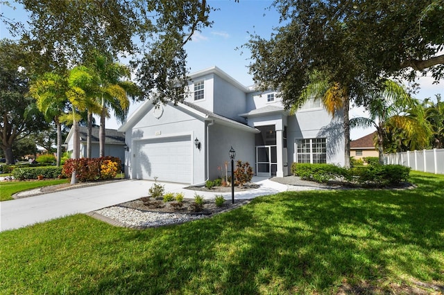 view of front of property with a front yard and a garage