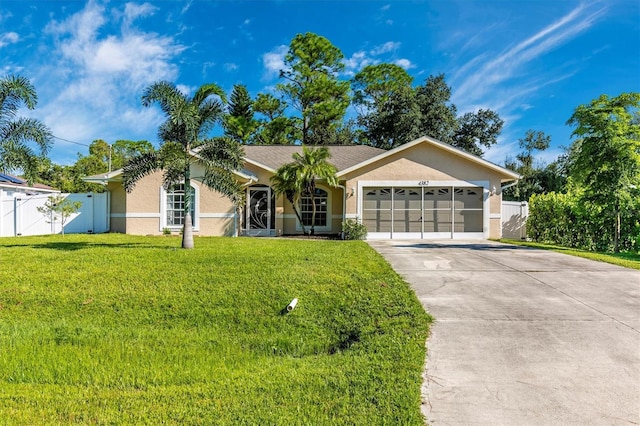 single story home featuring a garage and a front yard