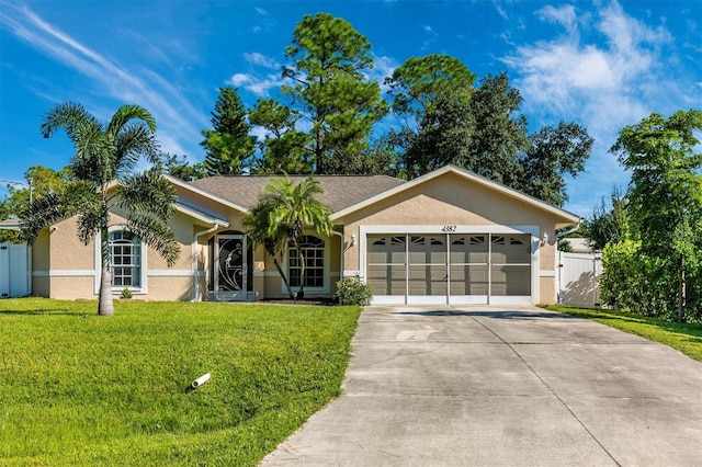 single story home featuring a garage and a front lawn