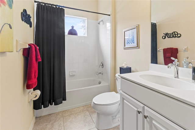 full bathroom featuring shower / tub combo, tile patterned flooring, vanity, and toilet