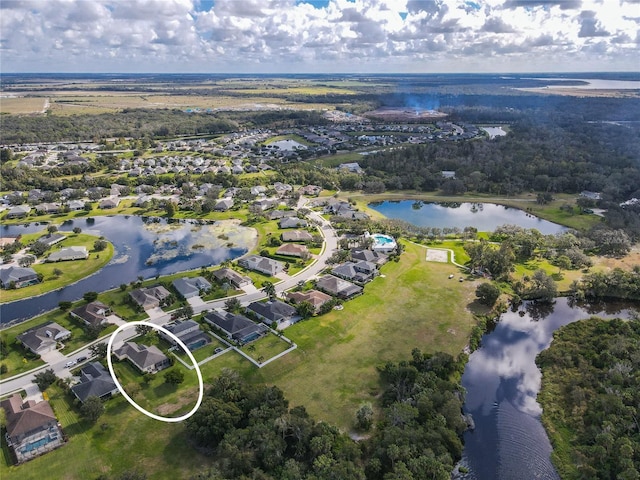 aerial view featuring a water view