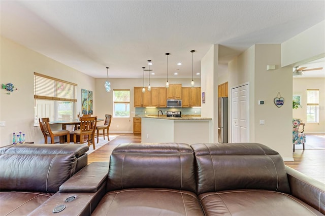 living room with ceiling fan, a textured ceiling, plenty of natural light, and light hardwood / wood-style floors