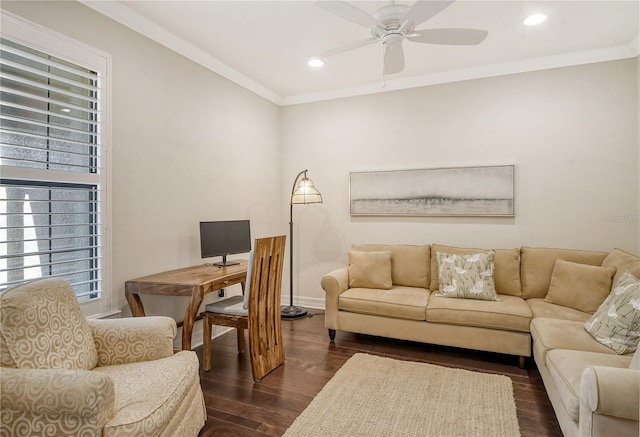 living room with ornamental molding, ceiling fan, and dark hardwood / wood-style floors