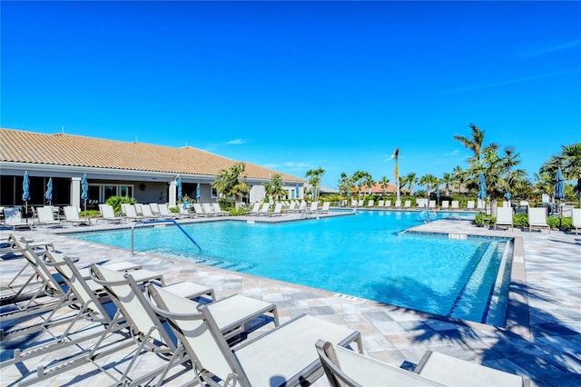 view of swimming pool with a patio area