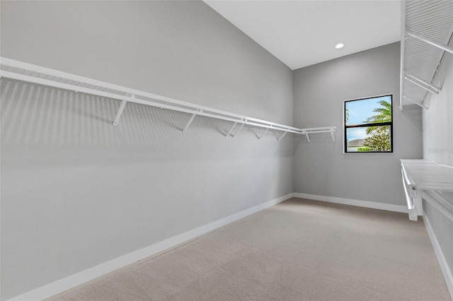 walk in closet with light colored carpet