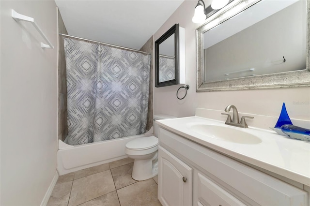 full bathroom with shower / bathtub combination with curtain, tile patterned flooring, vanity, and toilet