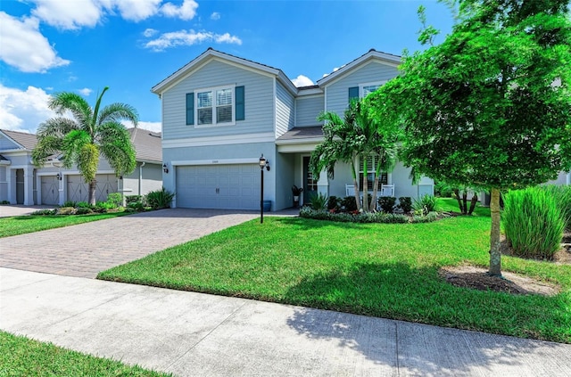 3360 Chestertown Loop, Bradenton, FL 34211 - traditional-style home featuring driveway, covered porch, a garage, stucco siding, and a front lawn