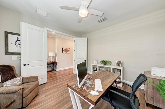 office area with ceiling fan and light hardwood / wood-style flooring