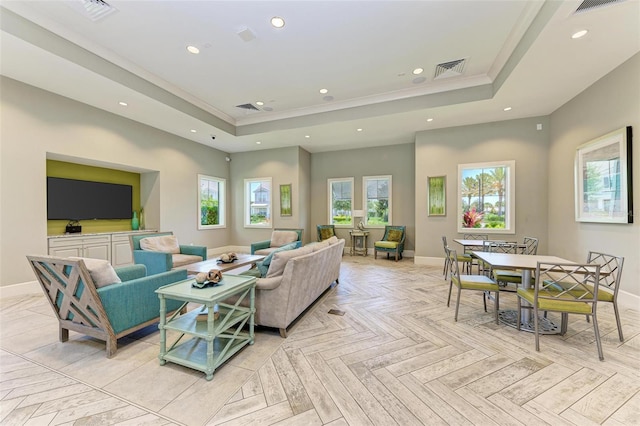 3360 Chestertown Loop, Bradenton, FL 34211 - living room with baseboards, a raised ceiling, recessed lighting, and visible vents