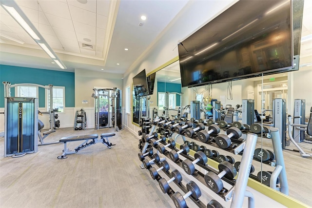 3360 Chestertown Loop, Bradenton, FL 34211 - exercise room with visible vents, recessed lighting, carpet floors, wainscoting, and a raised ceiling