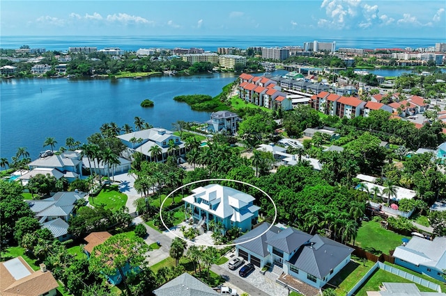 aerial view featuring a water view