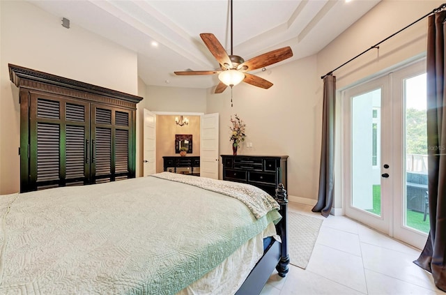 tiled bedroom with french doors, access to outside, and ceiling fan