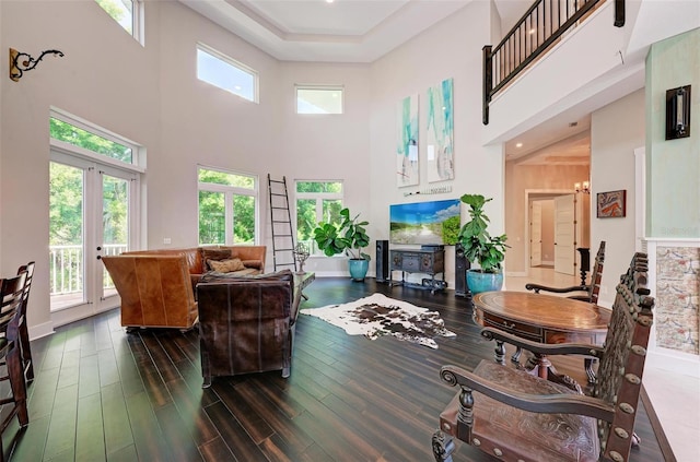 living room featuring hardwood / wood-style floors, a towering ceiling, and plenty of natural light