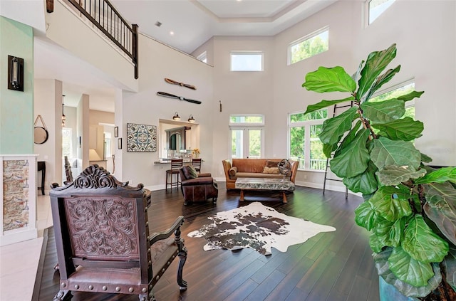 living room with hardwood / wood-style floors, a high ceiling, and a wealth of natural light