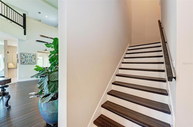 staircase with hardwood / wood-style flooring and a high ceiling