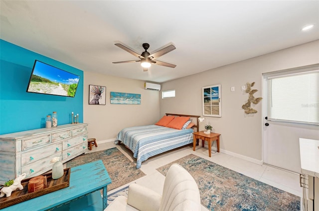 tiled bedroom featuring ceiling fan and an AC wall unit