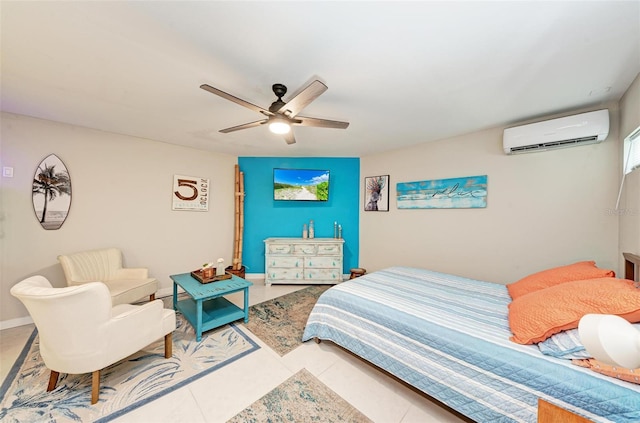 tiled bedroom with ceiling fan and a wall mounted AC