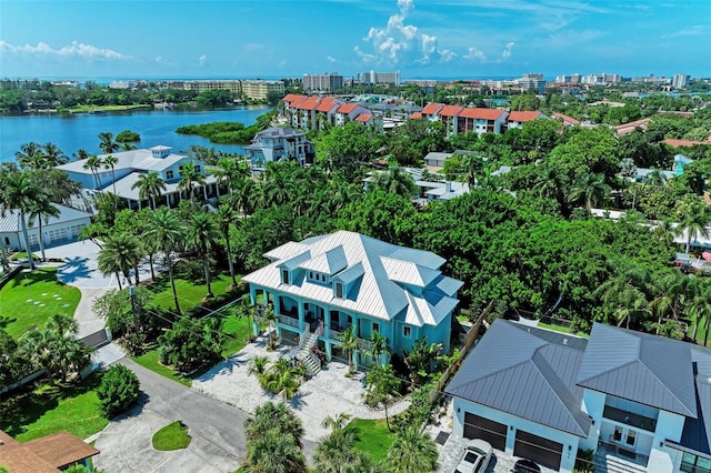 aerial view featuring a water view