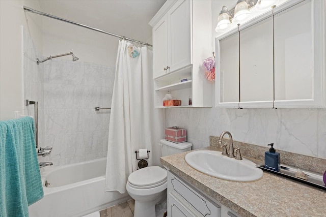 full bathroom with vanity, toilet, shower / bath combo, and decorative backsplash