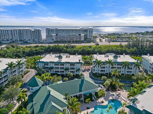 drone / aerial view featuring a water view