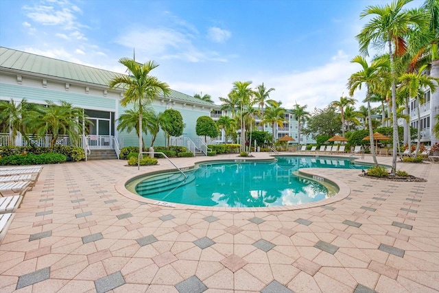 view of swimming pool featuring a patio