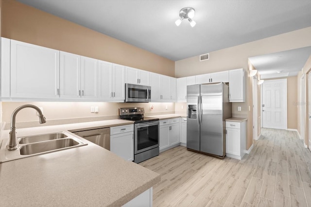 kitchen featuring white cabinets, light wood-type flooring, appliances with stainless steel finishes, and sink