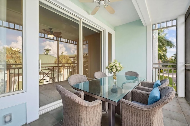 sunroom / solarium with ceiling fan and beamed ceiling