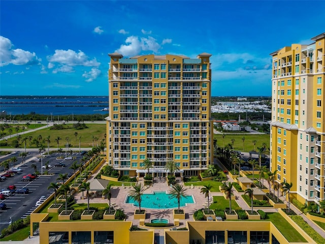 view of building exterior featuring a water view